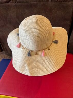 Wide Brim Straw Sun Hat with Pink and Blue Tassels